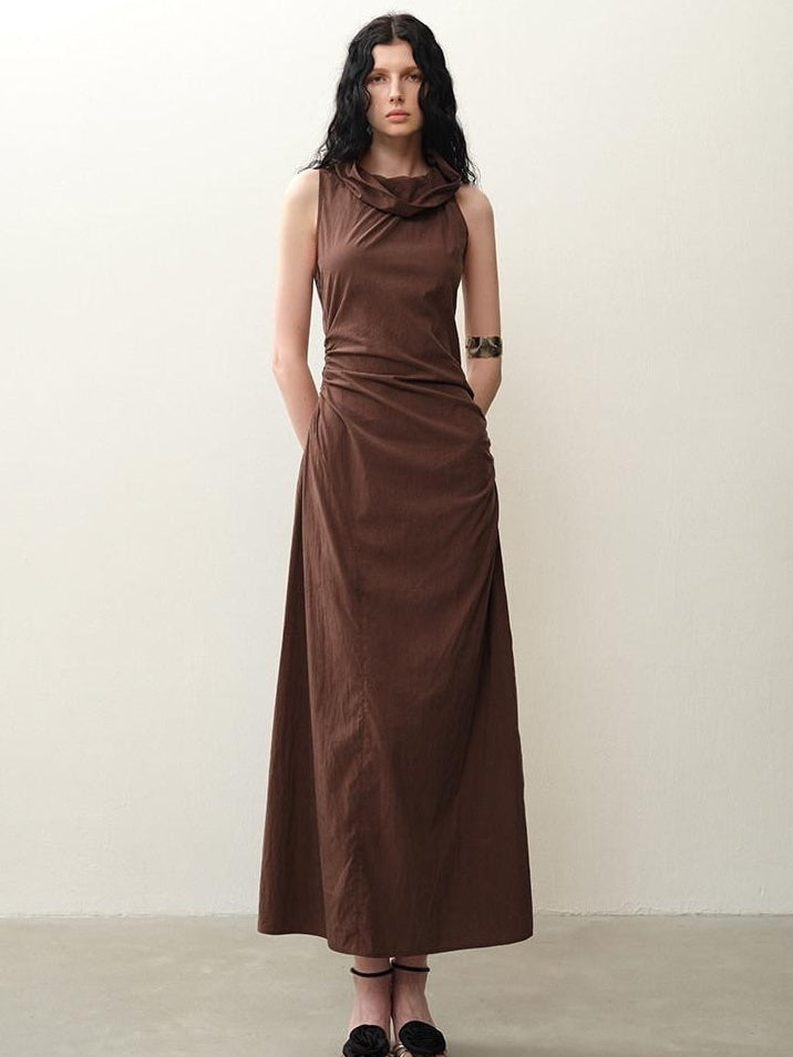 someonesometimes Pleated Cinched Waist Aline Wide Collar Lyocell Maxi Dresses