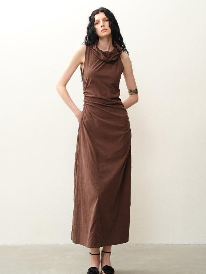 someonesometimes Pleated Cinched Waist Aline Wide Collar Lyocell Maxi Dresses