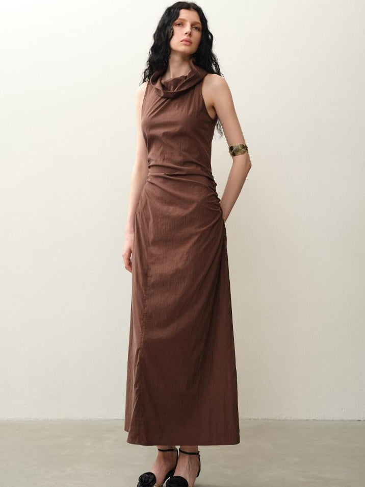 someonesometimes Pleated Cinched Waist Aline Wide Collar Lyocell Maxi Dresses