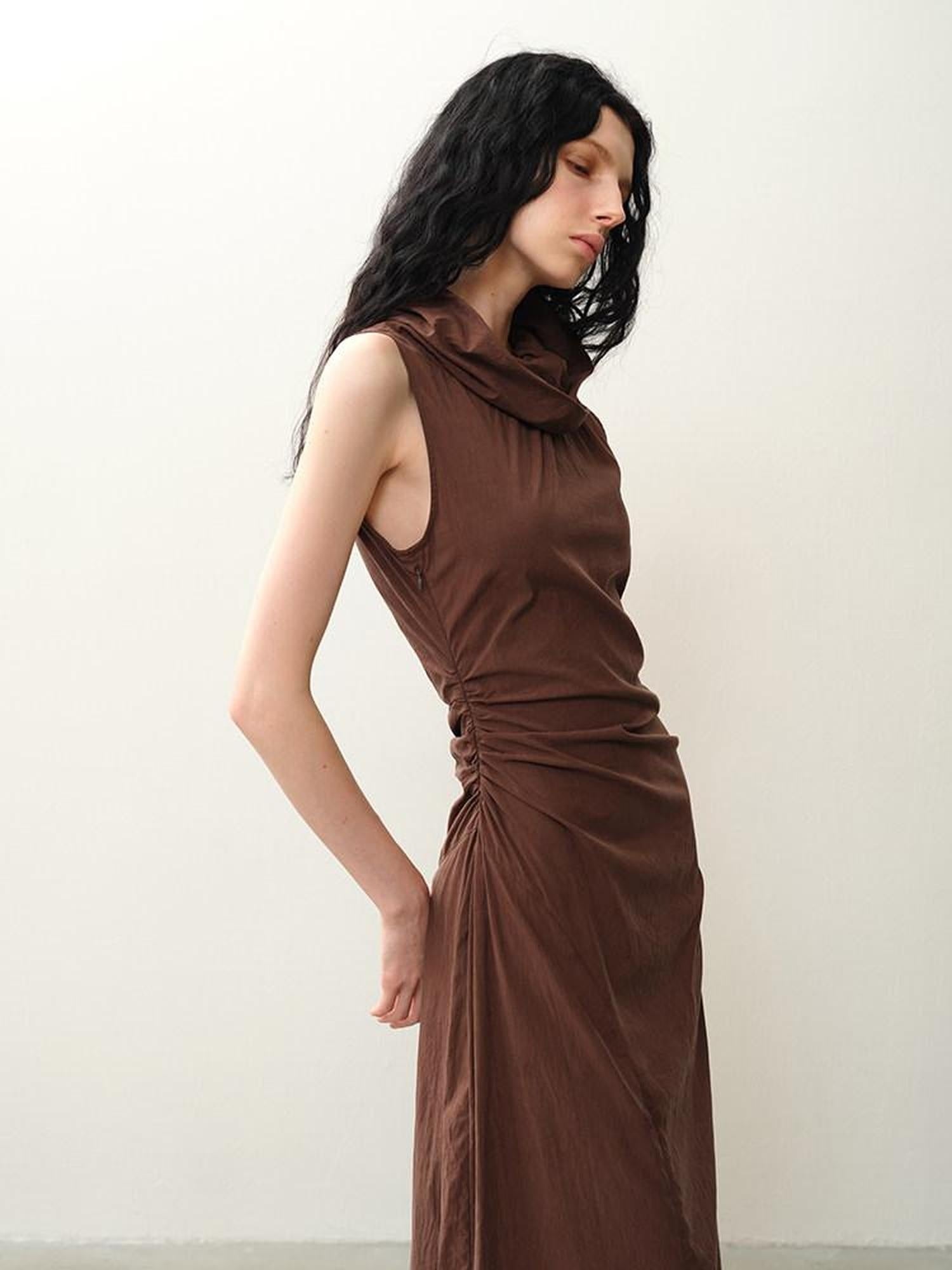 someonesometimes Pleated Cinched Waist Aline Wide Collar Lyocell Maxi Dresses