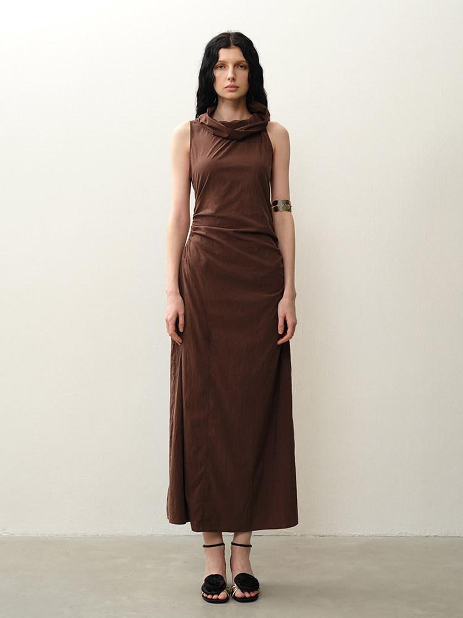 someonesometimes Pleated Cinched Waist Aline Wide Collar Lyocell Maxi Dresses