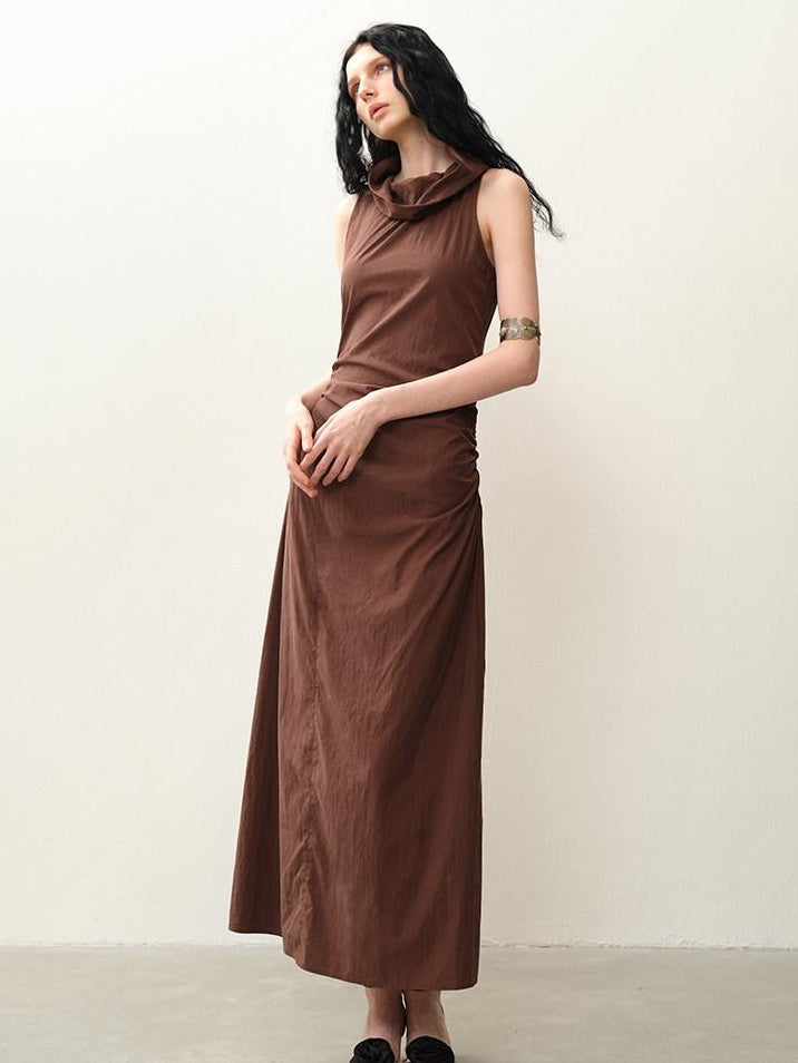 someonesometimes Pleated Cinched Waist Aline Wide Collar Lyocell Maxi Dresses