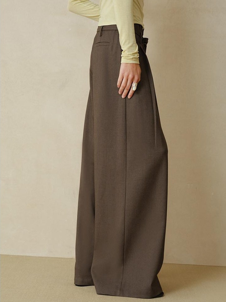 someonesometimes Pleated Commuter Natural Waist Tea Brown Lyocell Wool Stretch Wide Leg Pants