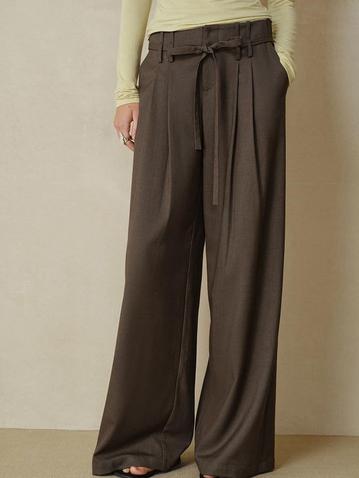 someonesometimes Pleated Commuter Natural Waist Tea Brown Lyocell Wool Stretch Wide Leg Pants
