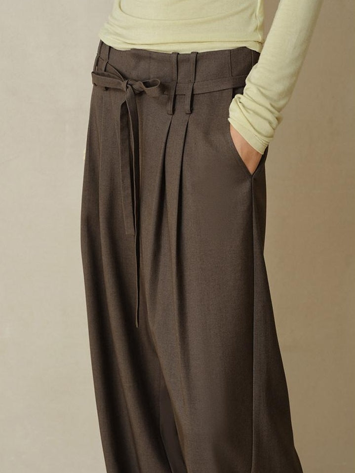 someonesometimes Pleated Commuter Natural Waist Tea Brown Lyocell Wool Stretch Wide Leg Pants