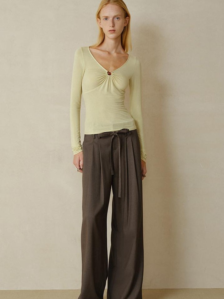someonesometimes Pleated Commuter Natural Waist Tea Brown Lyocell Wool Stretch Wide Leg Pants
