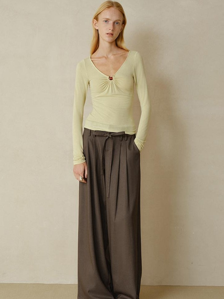someonesometimes Pleated Commuter Natural Waist Tea Brown Lyocell Wool Stretch Wide Leg Pants