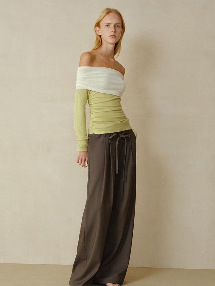 someonesometimes Pleated Commuter Natural Waist Tea Brown Lyocell Wool Stretch Wide Leg Pants