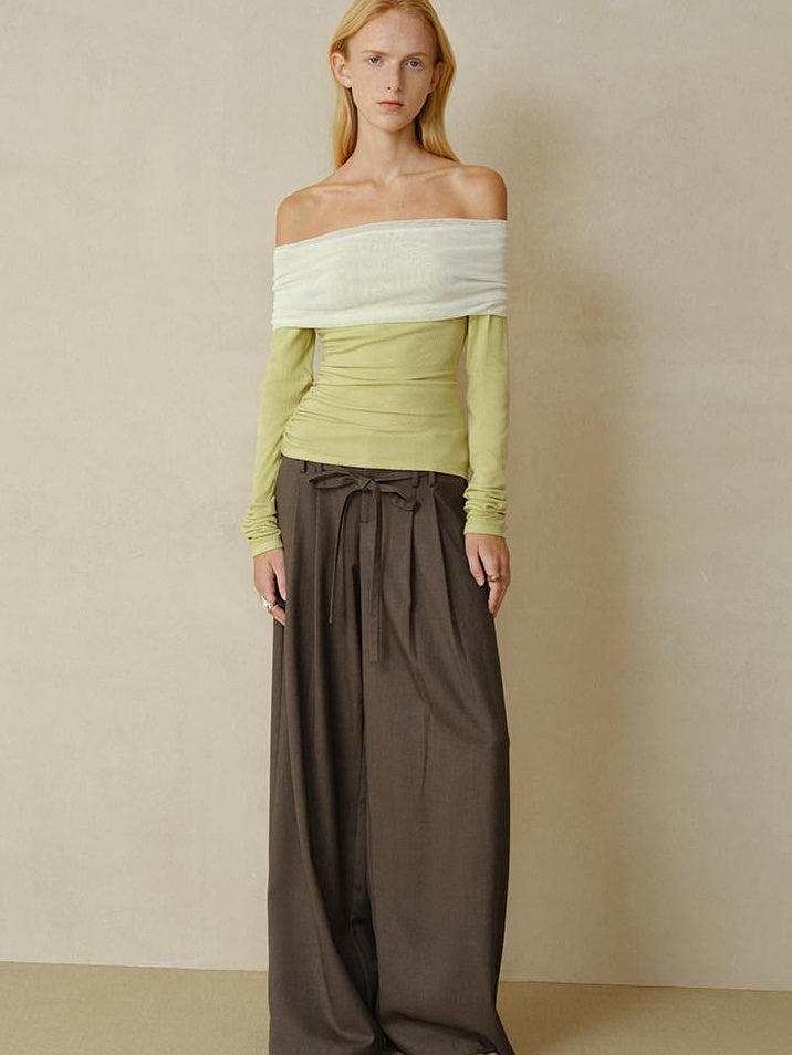 someonesometimes Pleated Commuter Natural Waist Tea Brown Lyocell Wool Stretch Wide Leg Pants