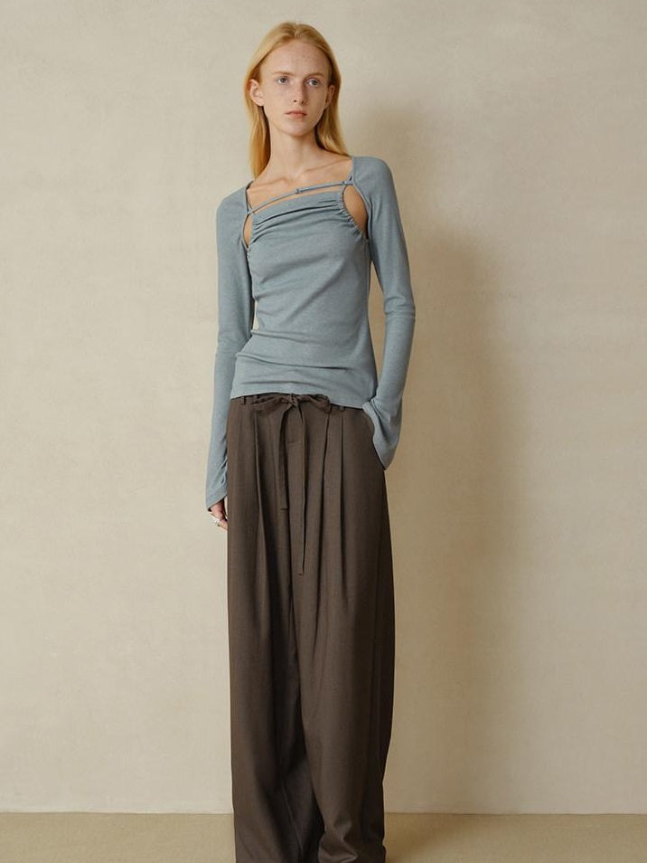 someonesometimes Pleated Commuter Natural Waist Tea Brown Lyocell Wool Stretch Wide Leg Pants