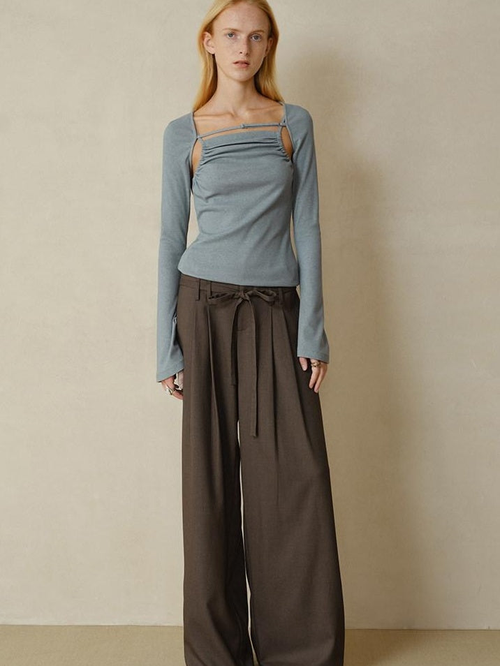 someonesometimes Pleated Commuter Natural Waist Tea Brown Lyocell Wool Stretch Wide Leg Pants