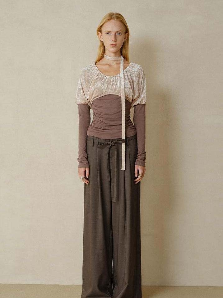 someonesometimes Pleated Commuter Natural Waist Tea Brown Lyocell Wool Stretch Wide Leg Pants