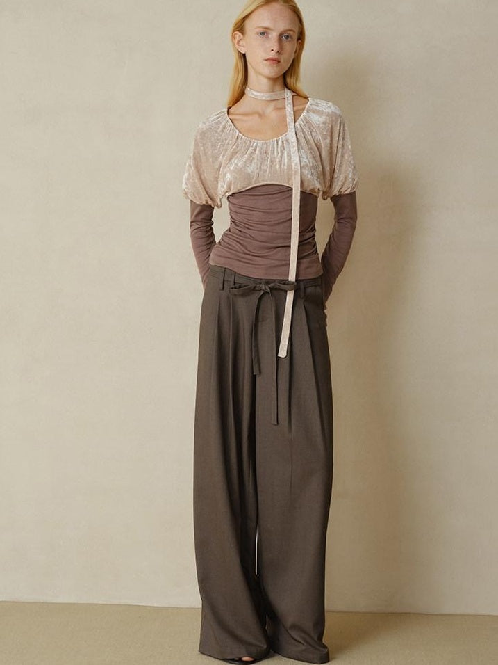 someonesometimes Pleated Commuter Natural Waist Tea Brown Lyocell Wool Stretch Wide Leg Pants