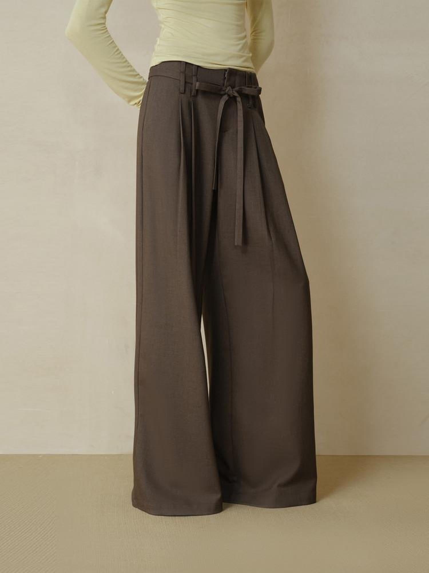 someonesometimes Pleated Commuter Natural Waist Tea Brown Lyocell Wool Stretch Wide Leg Pants