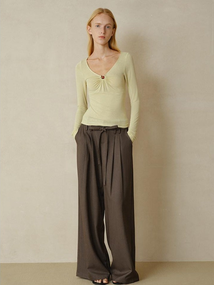 someonesometimes Pleated Commuter Natural Waist Tea Brown Lyocell Wool Stretch Wide Leg Pants
