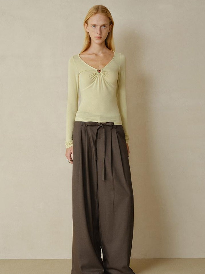 someonesometimes Pleated Commuter Natural Waist Tea Brown Lyocell Wool Stretch Wide Leg Pants