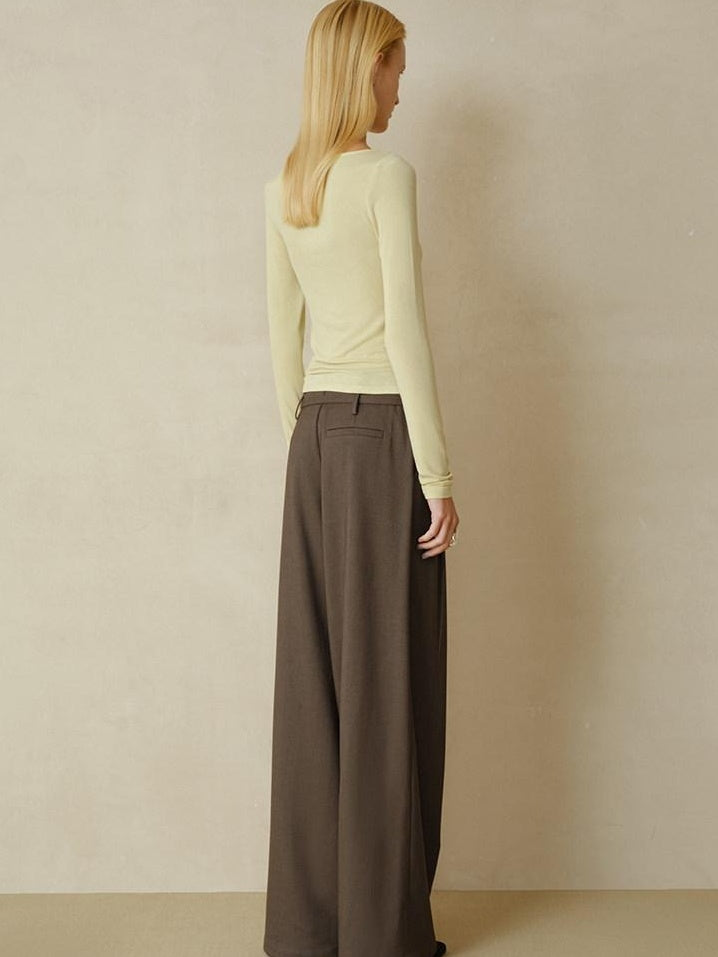 someonesometimes Pleated Commuter Natural Waist Tea Brown Lyocell Wool Stretch Wide Leg Pants