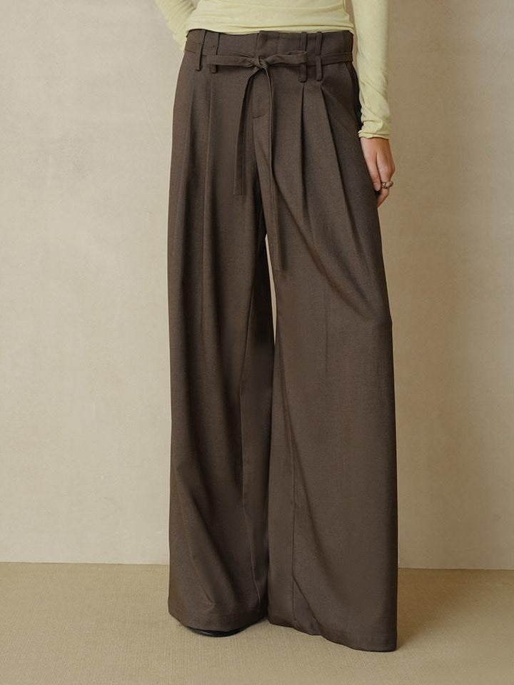 someonesometimes Pleated Commuter Natural Waist Tea Brown Lyocell Wool Stretch Wide Leg Pants