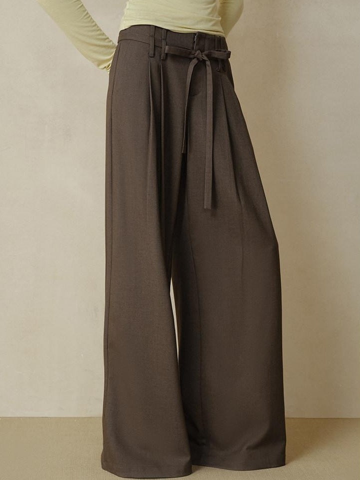 someonesometimes Pleated Commuter Natural Waist Tea Brown Lyocell Wool Stretch Wide Leg Pants