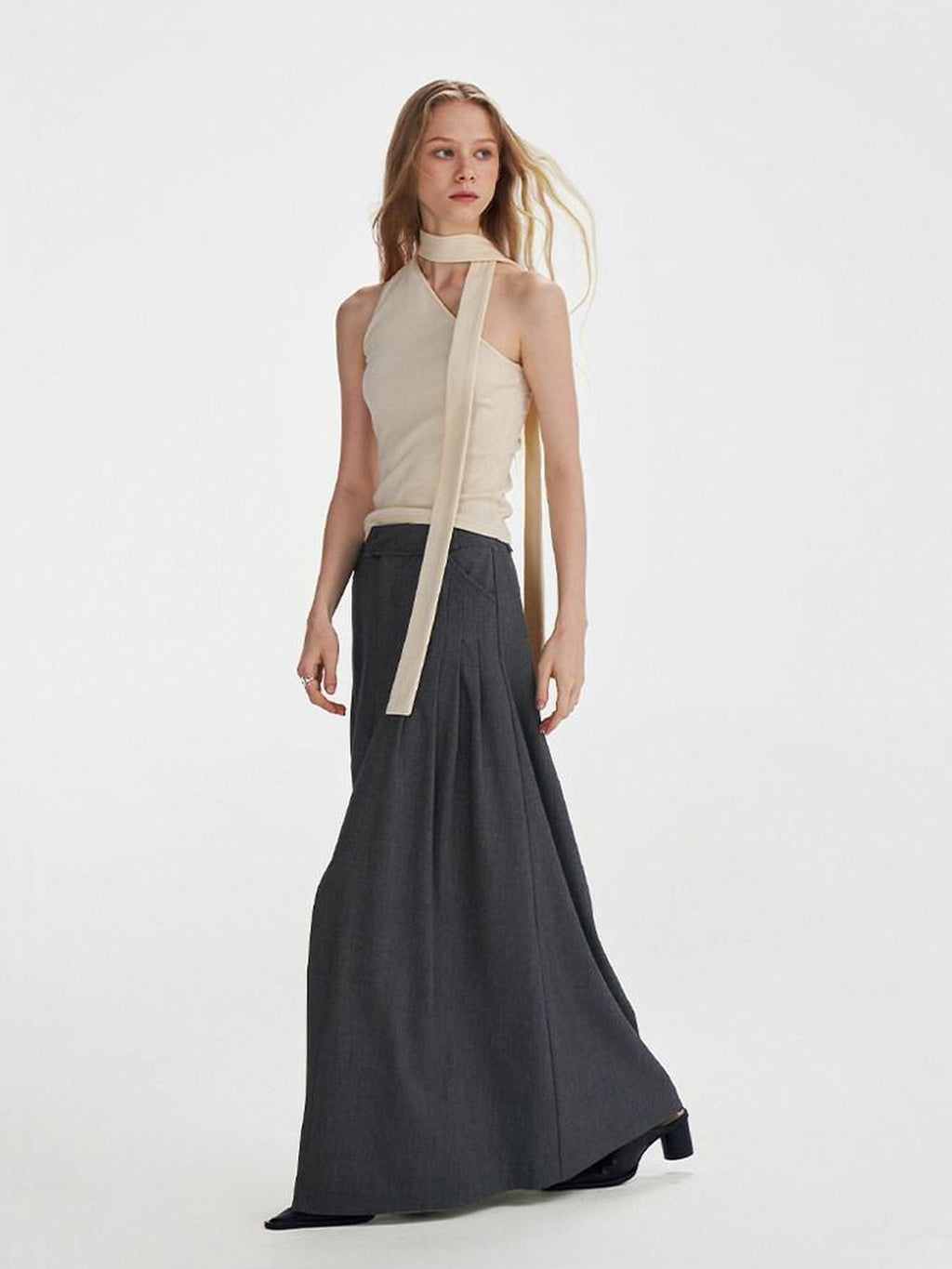 someonesometimes Pleated High Slit Mid Waist Office A Line Women Polyester Rayon Maxi Skirts