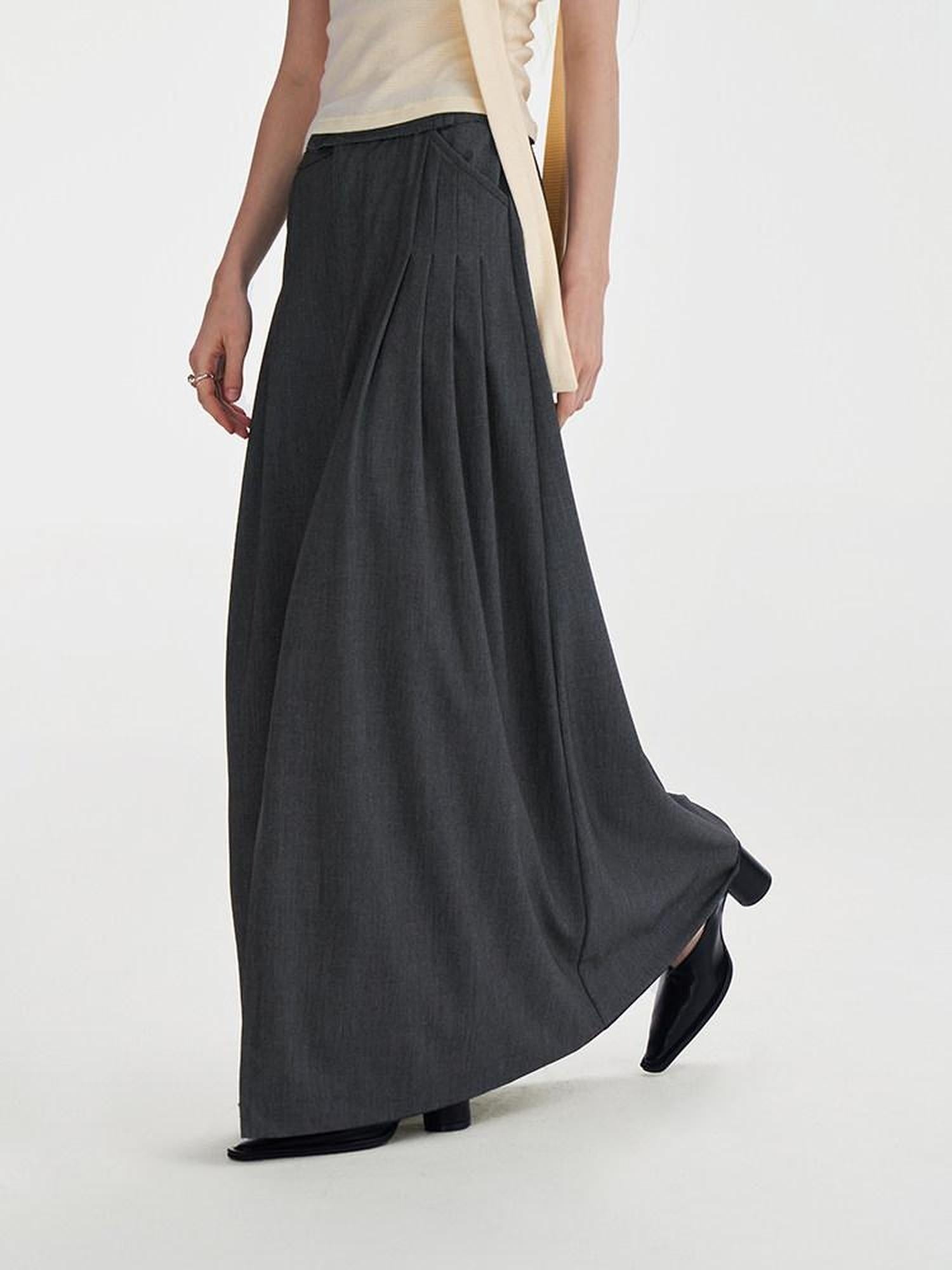 someonesometimes Pleated High Slit Mid Waist Office A Line Women Polyester Rayon Maxi Skirts