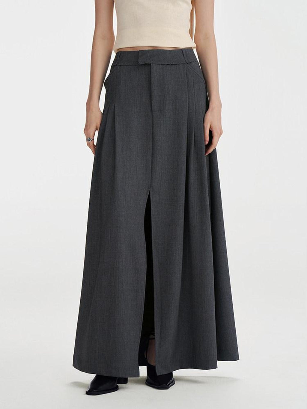 someonesometimes Pleated High Slit Mid Waist Office A Line Women Polyester Rayon Maxi Skirts