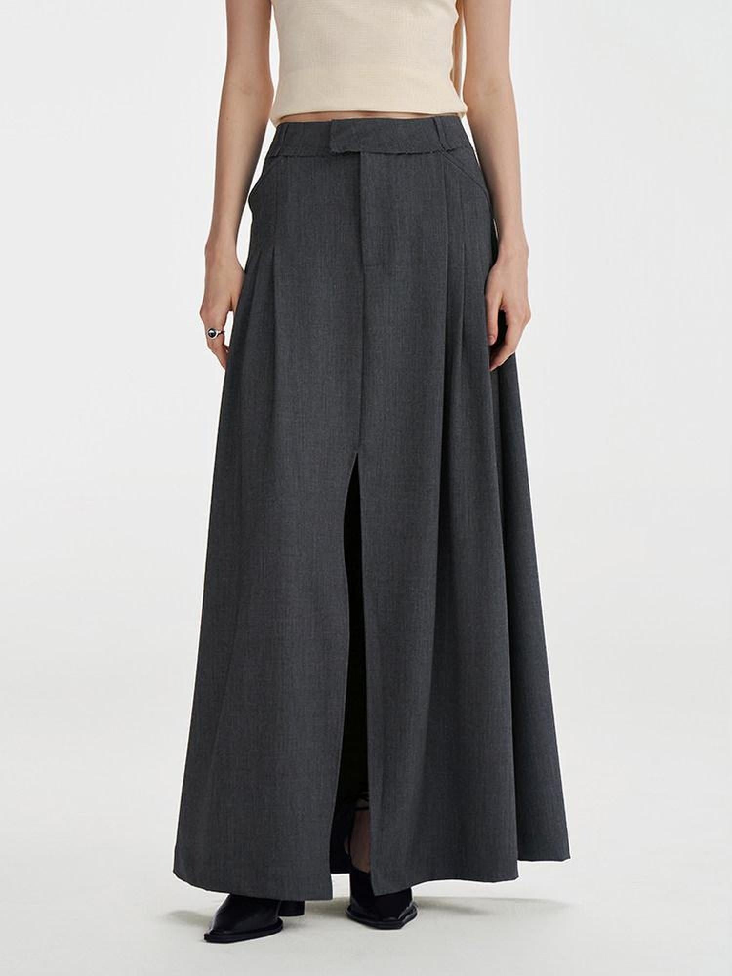 someonesometimes Pleated High Slit Mid Waist Office A Line Women Polyester Rayon Maxi Skirts