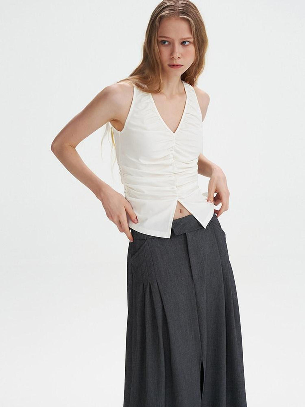someonesometimes Pleated High Slit Mid Waist Office A Line Women Polyester Rayon Maxi Skirts
