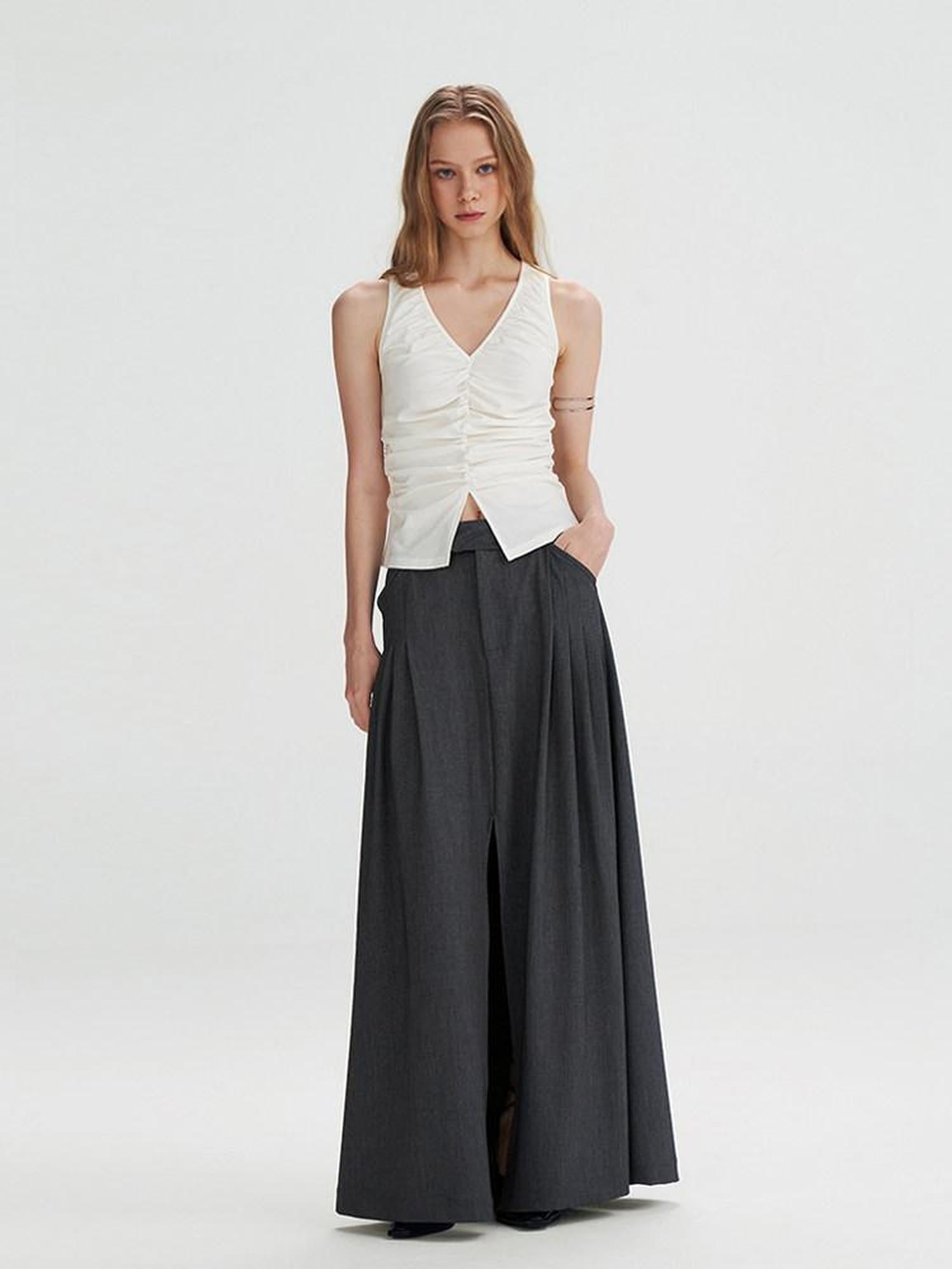 someonesometimes Pleated High Slit Mid Waist Office A Line Women Polyester Rayon Maxi Skirts