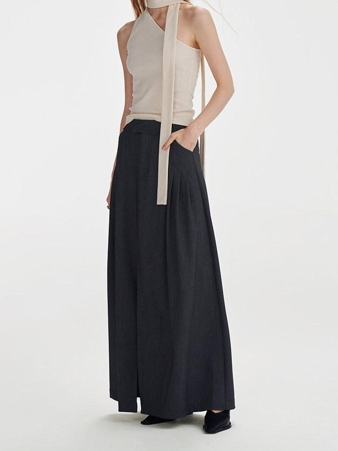 someonesometimes Pleated High Slit Mid Waist Office A Line Women Polyester Rayon Maxi Skirts