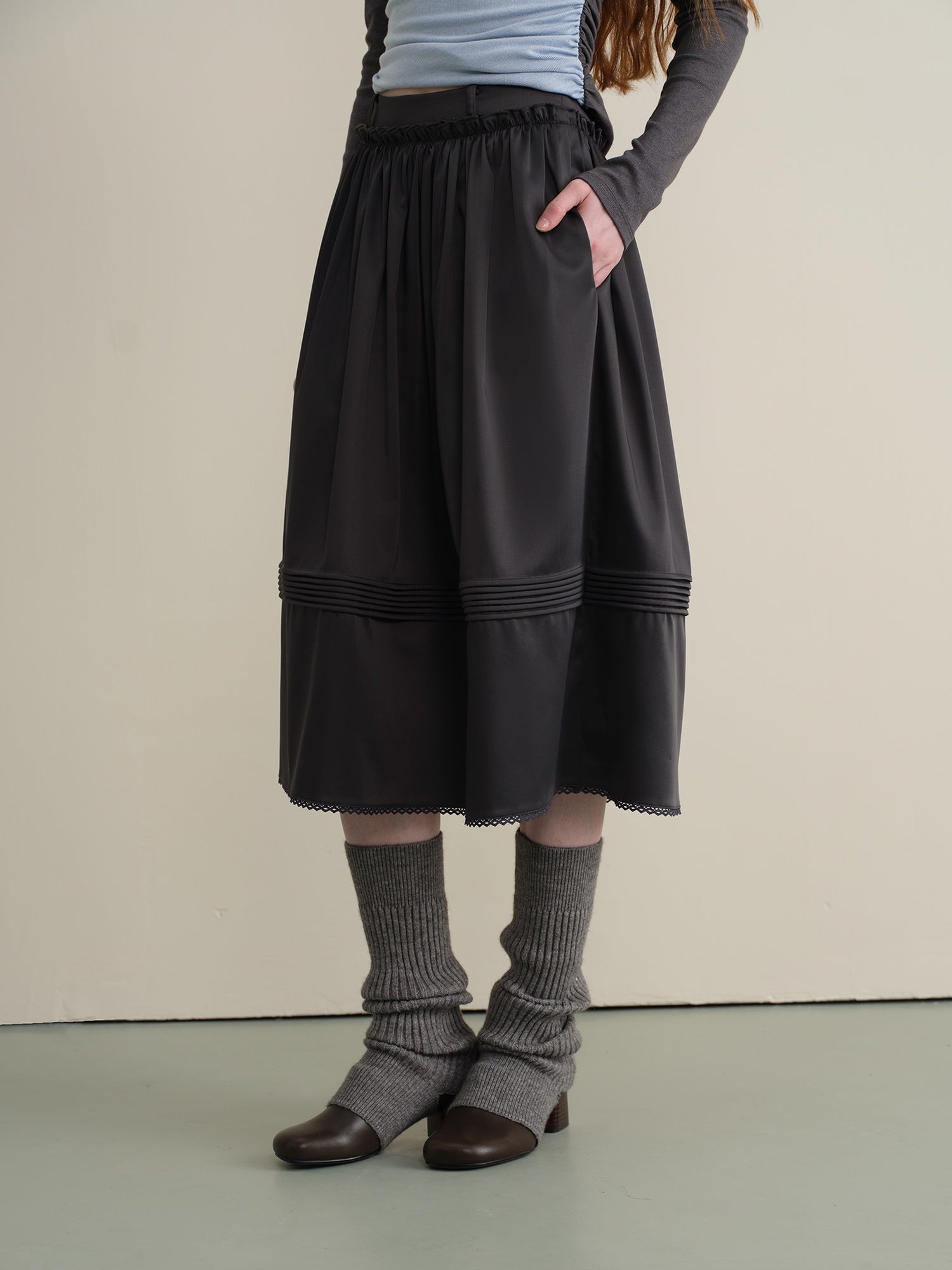 someonesometimes Pleated Lace Patchwork A Line Casual Mid Waist Women Dark Teal Midi Skirts