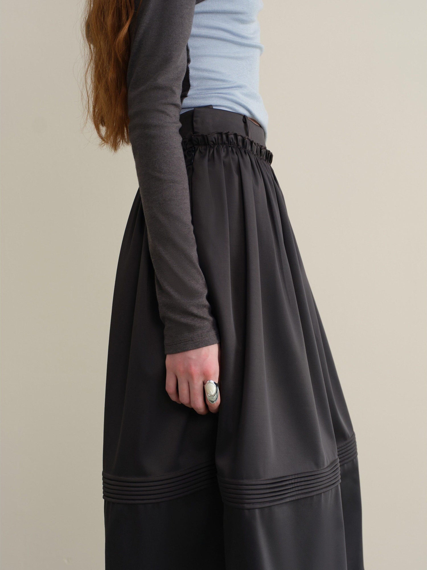 someonesometimes Pleated Lace Patchwork A Line Casual Mid Waist Women Dark Teal Midi Skirts