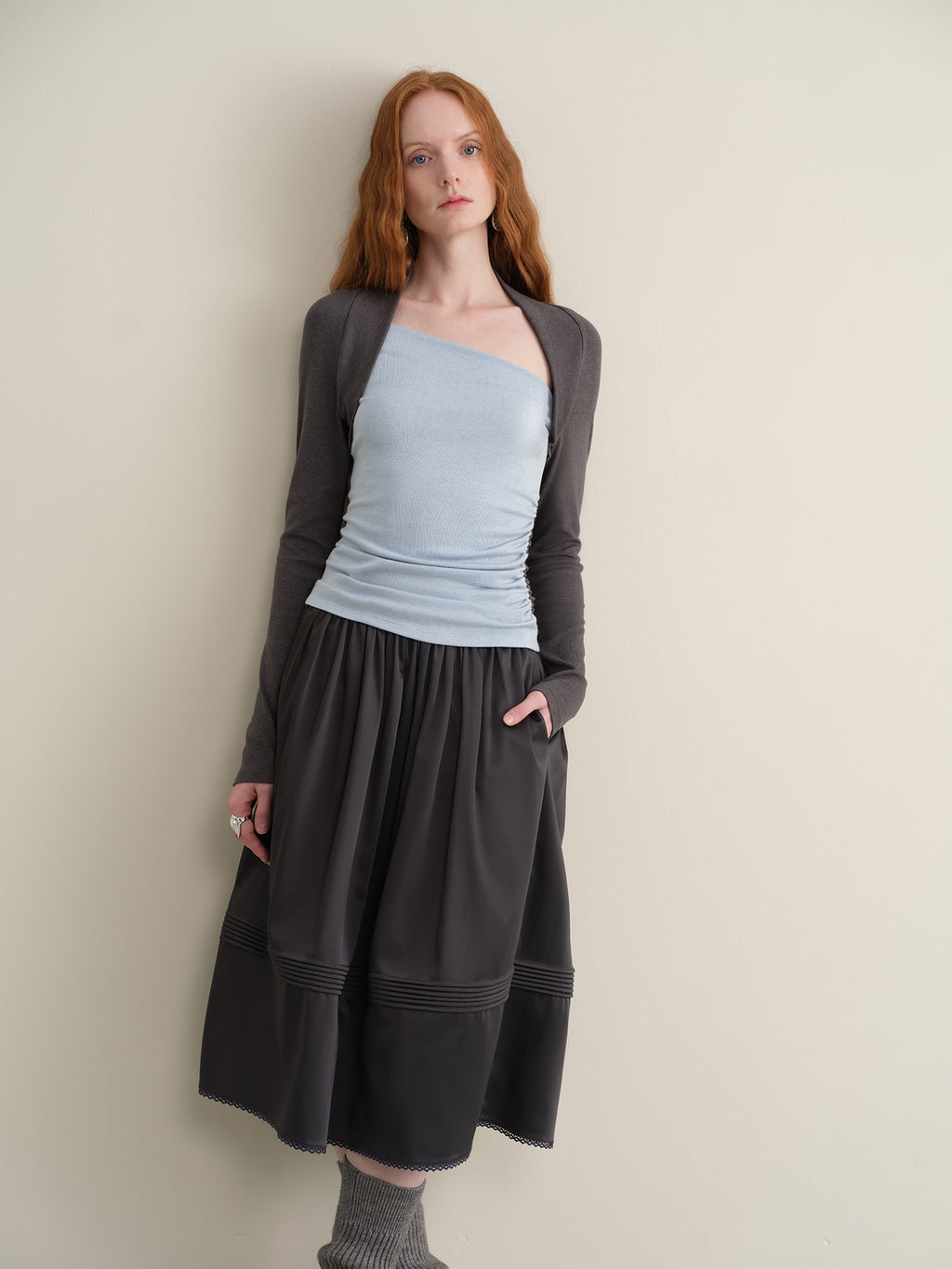 someonesometimes Pleated Lace Patchwork A Line Casual Mid Waist Women Dark Teal Midi Skirts