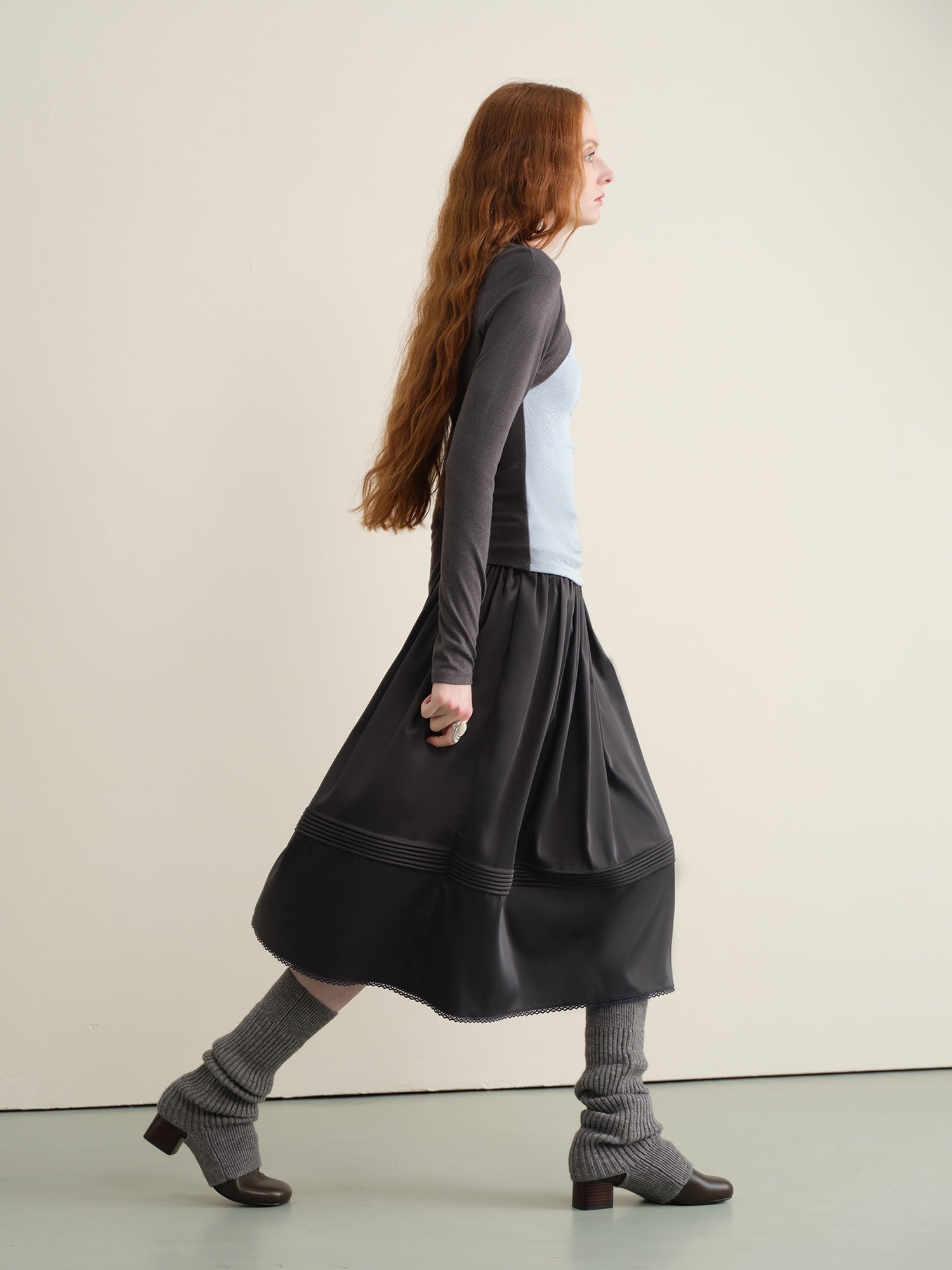 someonesometimes Pleated Lace Patchwork A Line Casual Mid Waist Women Dark Teal Midi Skirts