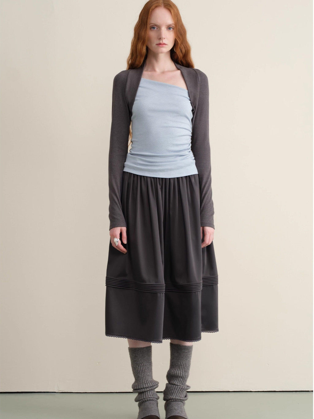 someonesometimes Pleated Lace Patchwork A Line Casual Mid Waist Women Dark Teal Midi Skirts