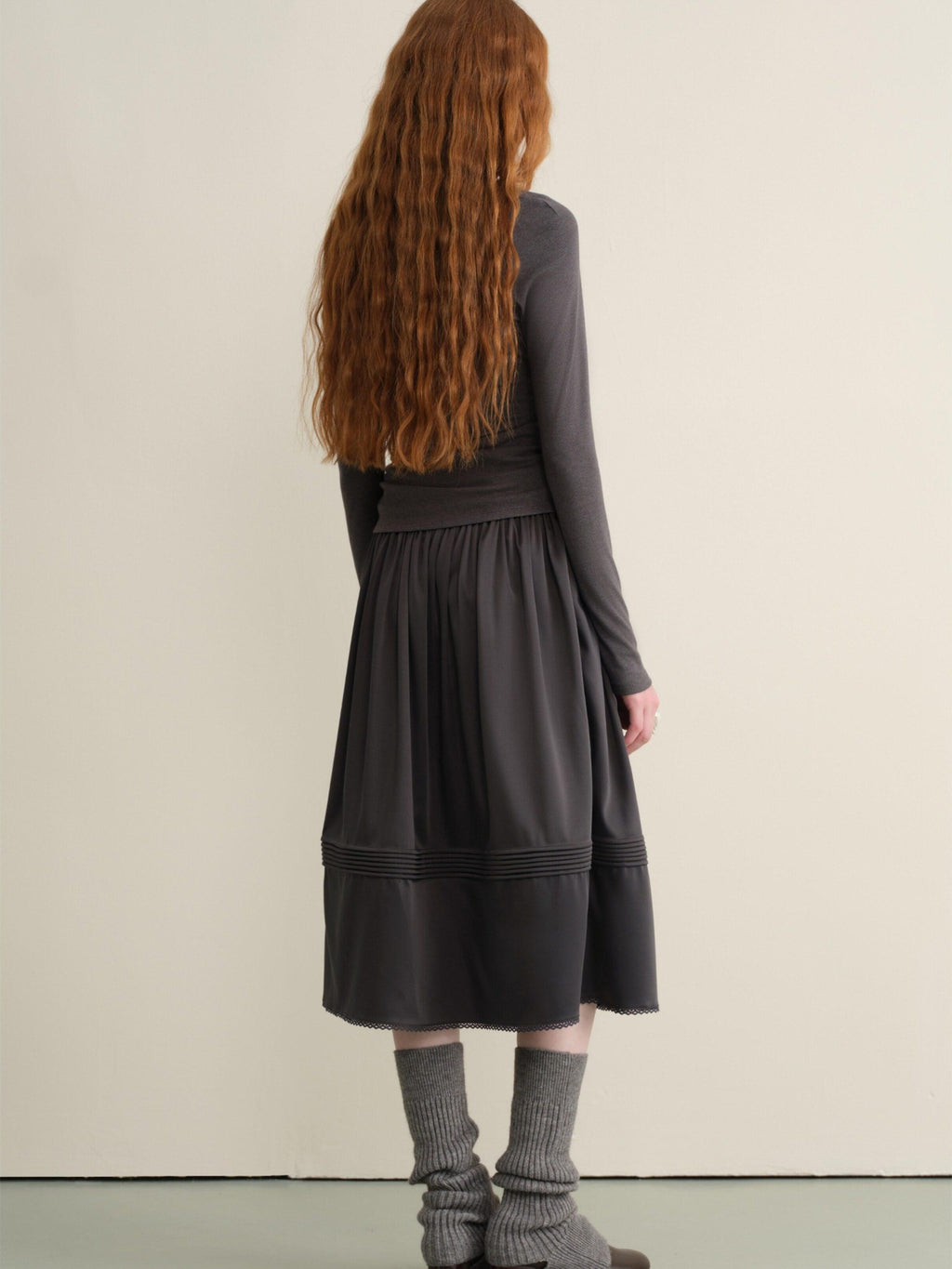 someonesometimes Pleated Lace Patchwork A Line Casual Mid Waist Women Dark Teal Midi Skirts