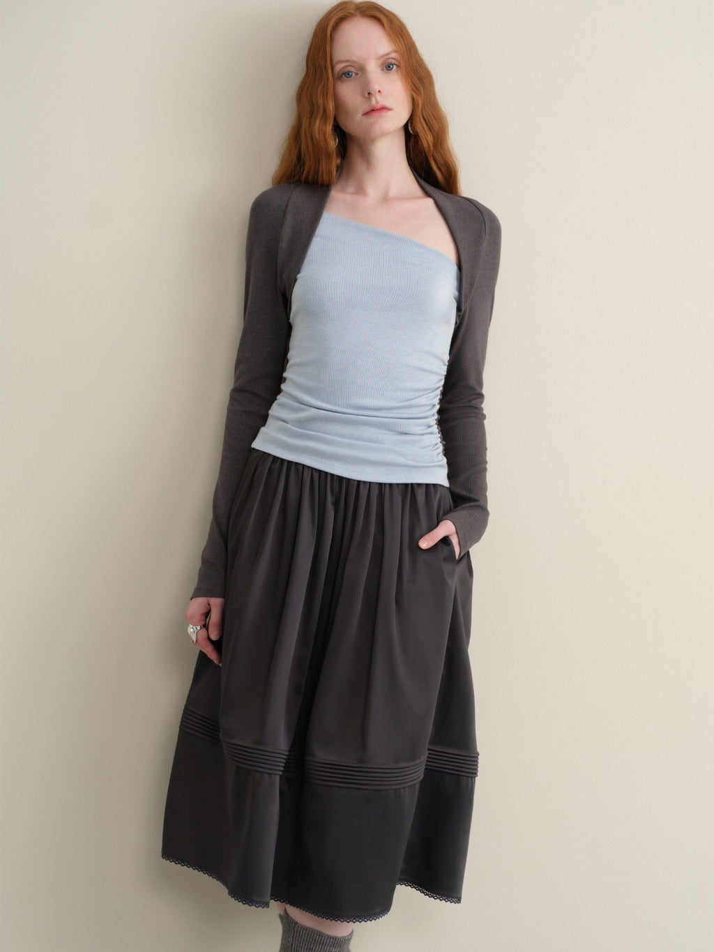 someonesometimes Pleated Lace Patchwork A Line Casual Mid Waist Women Dark Teal Midi Skirts