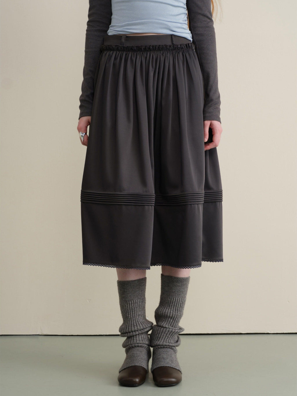 someonesometimes Pleated Lace Patchwork A Line Casual Mid Waist Women Dark Teal Midi Skirts