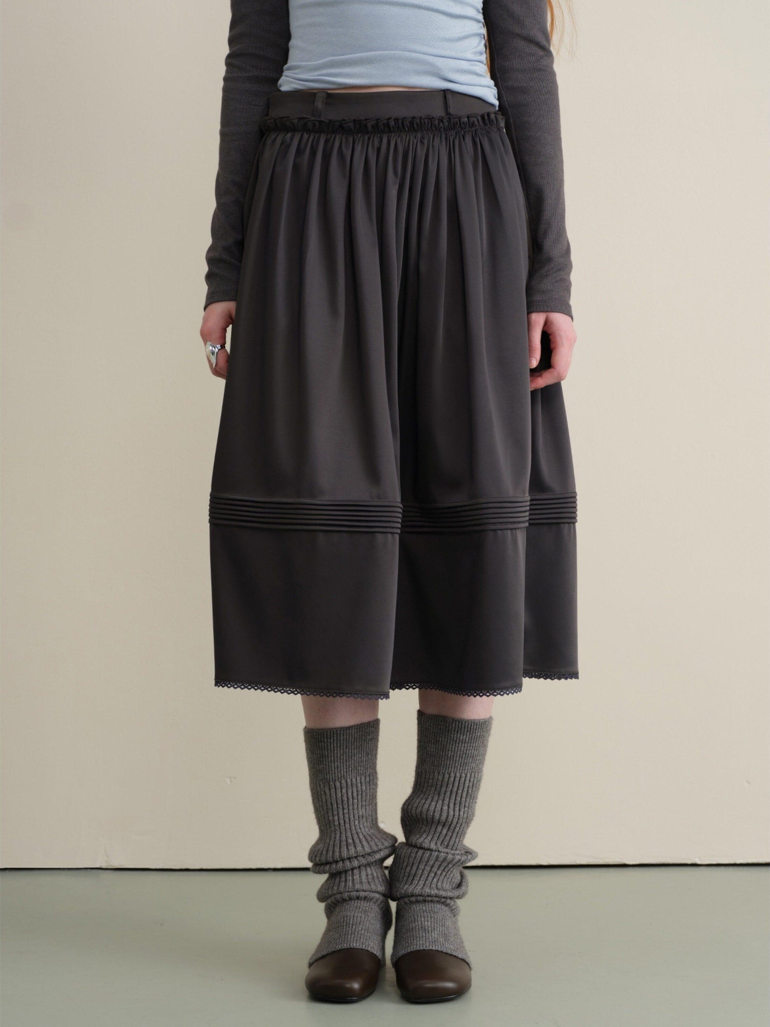 someonesometimes Pleated Lace Patchwork A Line Casual Mid Waist Women Dark Teal Midi Skirts