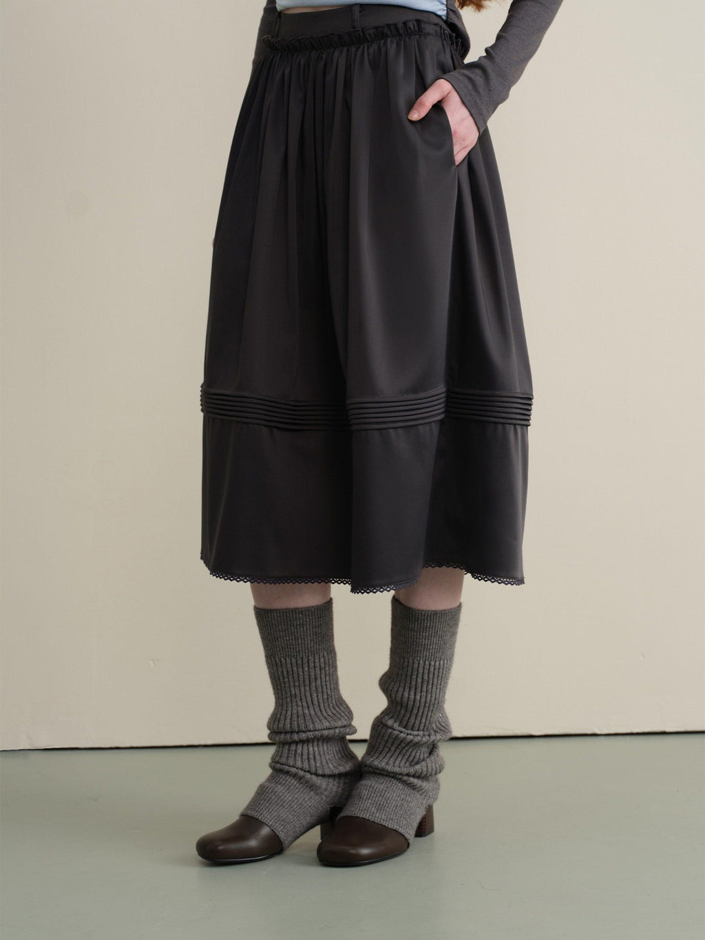 someonesometimes Pleated Lace Patchwork A Line Casual Mid Waist Women Dark Teal Midi Skirts