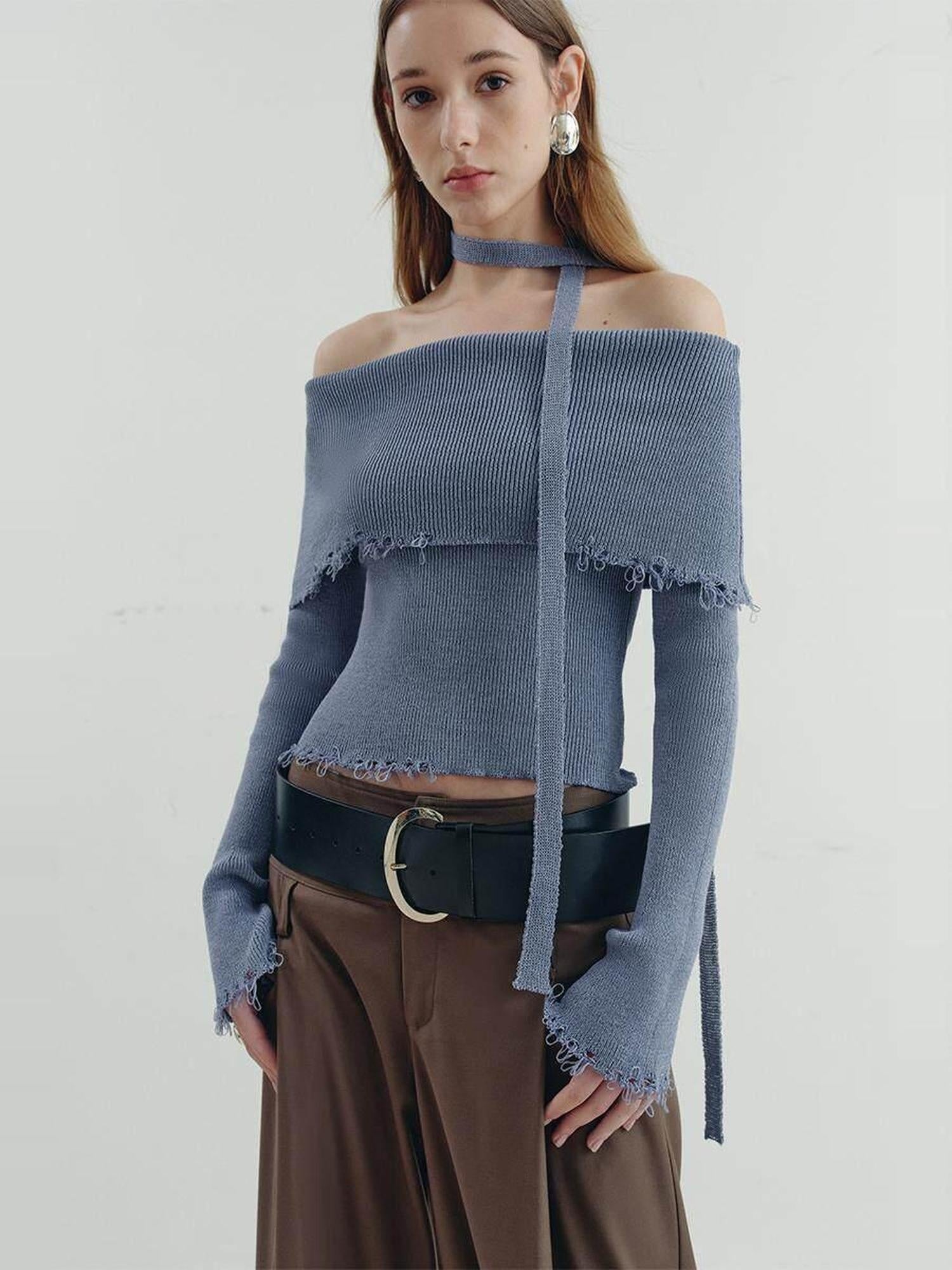 someonesometimes Poly Cotton Blend Minimal Commuter Slim Fit Boat Neck Knit Pullover Sweaters