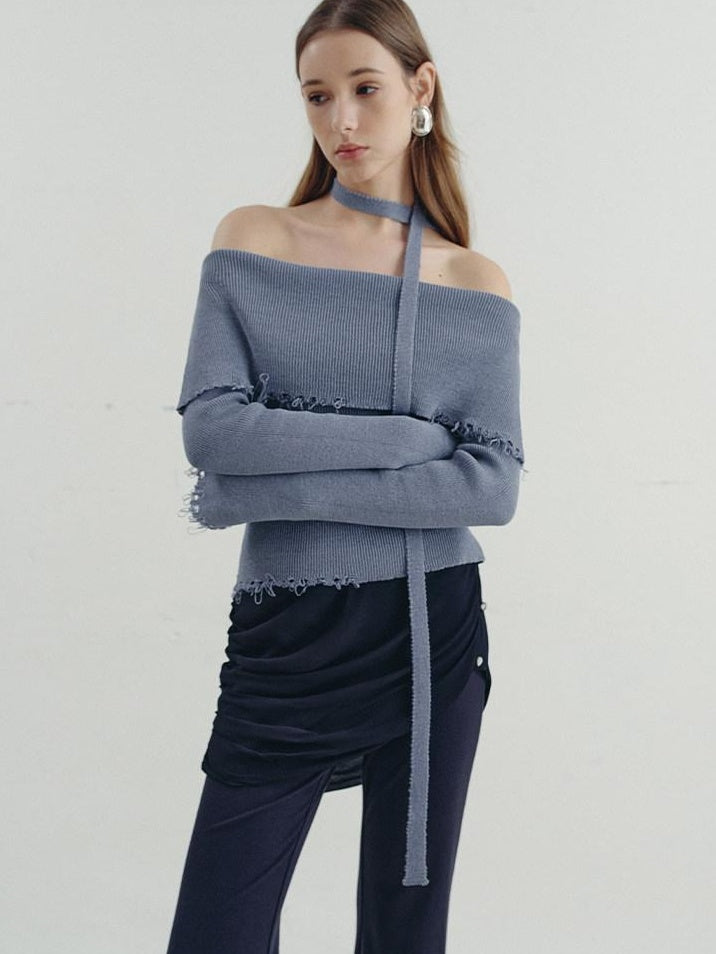 someonesometimes Poly Cotton Blend Minimal Commuter Slim Fit Boat Neck Knit Pullover Sweaters