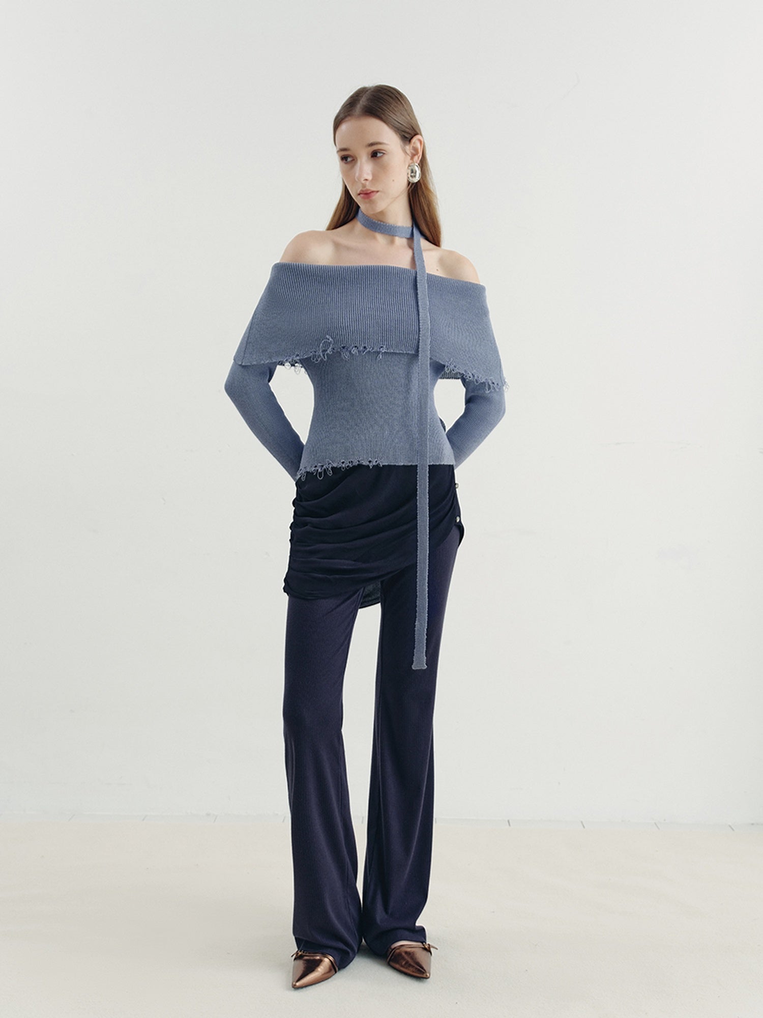 someonesometimes Poly Cotton Blend Minimal Commuter Slim Fit Boat Neck Knit Pullover Sweaters
