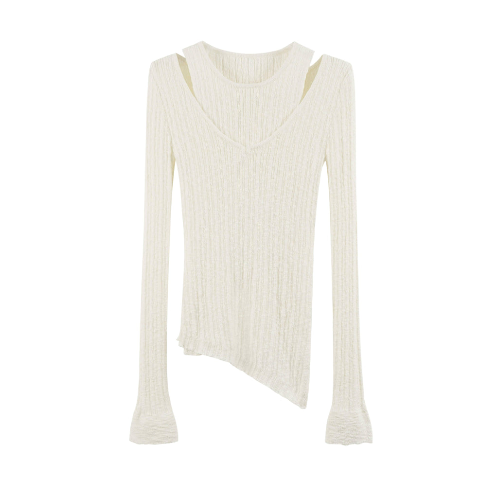 someonesometimes_Polyester_Blend_Knit_V-neck_Slim_Fit_Sweet_Ivory_Women_Long_Sleeve_T-Shirts_MISSTT