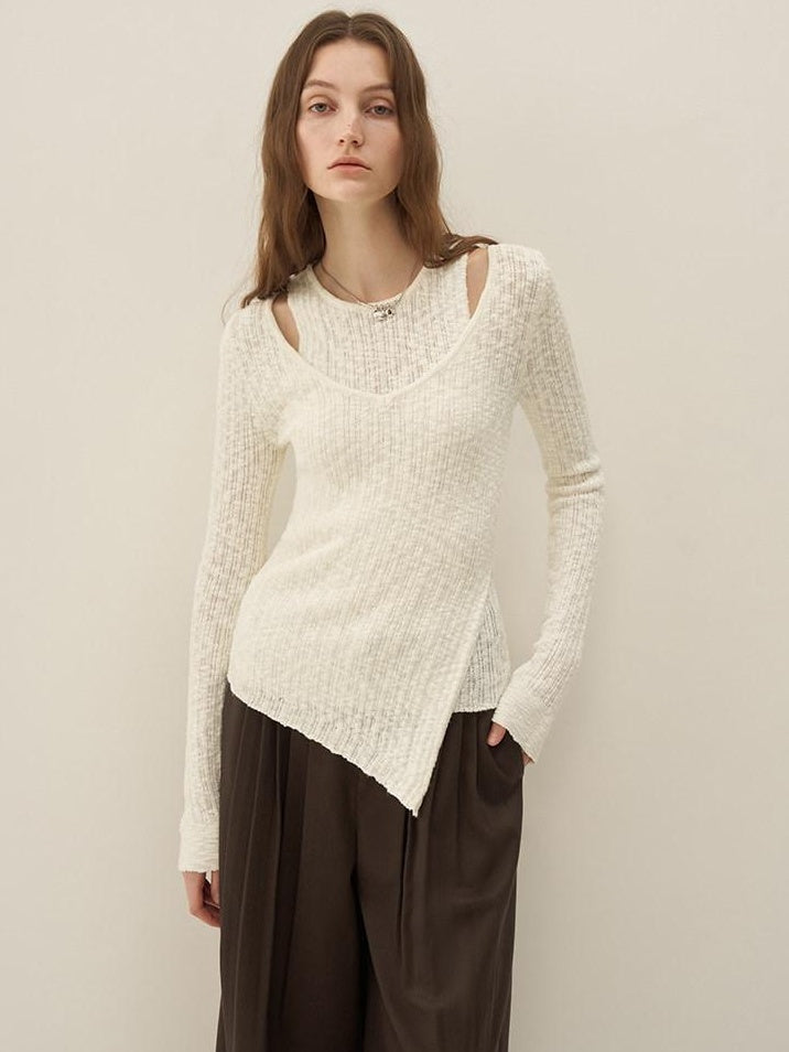 someonesometimes Polyester Blend Knit V-neck Slim Fit Sweet Ivory Women Long Sleeve T-Shirts