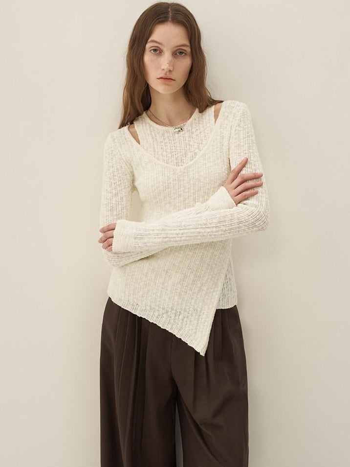 someonesometimes Polyester Blend Knit V-neck Slim Fit Sweet Ivory Women Long Sleeve T-Shirts