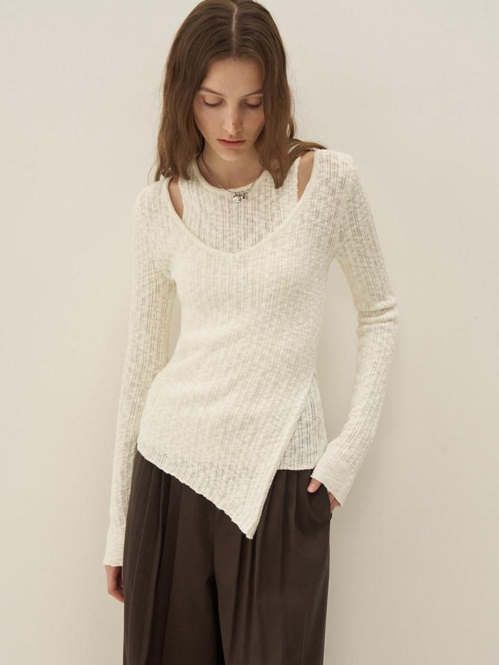 someonesometimes Polyester Blend Knit V-neck Slim Fit Sweet Ivory Women Long Sleeve T-Shirts