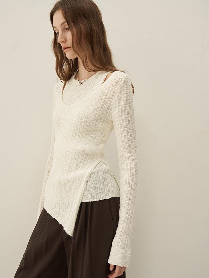 someonesometimes Polyester Blend Knit V-neck Slim Fit Sweet Ivory Women Long Sleeve T-Shirts