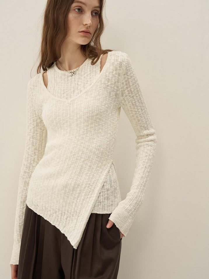 someonesometimes Polyester Blend Knit V-neck Slim Fit Sweet Ivory Women Long Sleeve T-Shirts