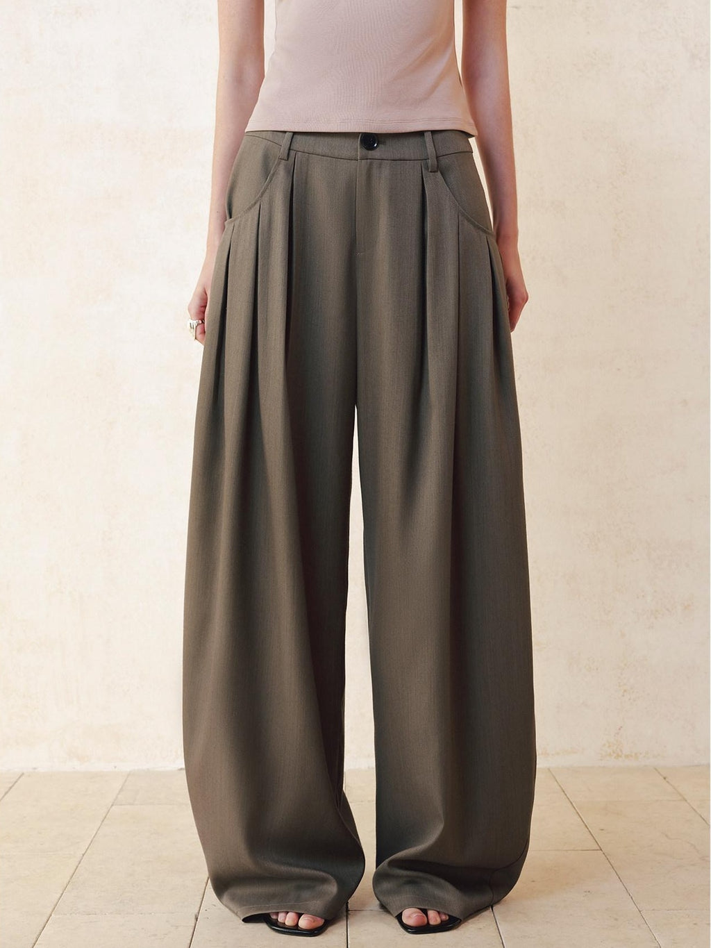 someonesometimes Polyester Cotton Lined Casual Curved Cut Natural Waist Women Wide Leg Pants